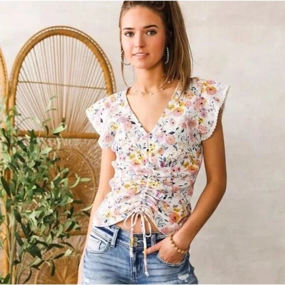 Buckle Tops - Festival Fairy Crop Top Size Medium Peasant Bloom Coquette Flutter Sleeve Lace